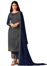 Navy Blue Color Silk Heavy Embroidery Straight Salwar Suit - Joshindia