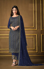 Navy Blue Color Silk Heavy Embroidery Straight Salwar Suit - Joshindia