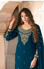 Sea Blue Color Georgette With Embroidery Work Salwar Suit - Joshindia
