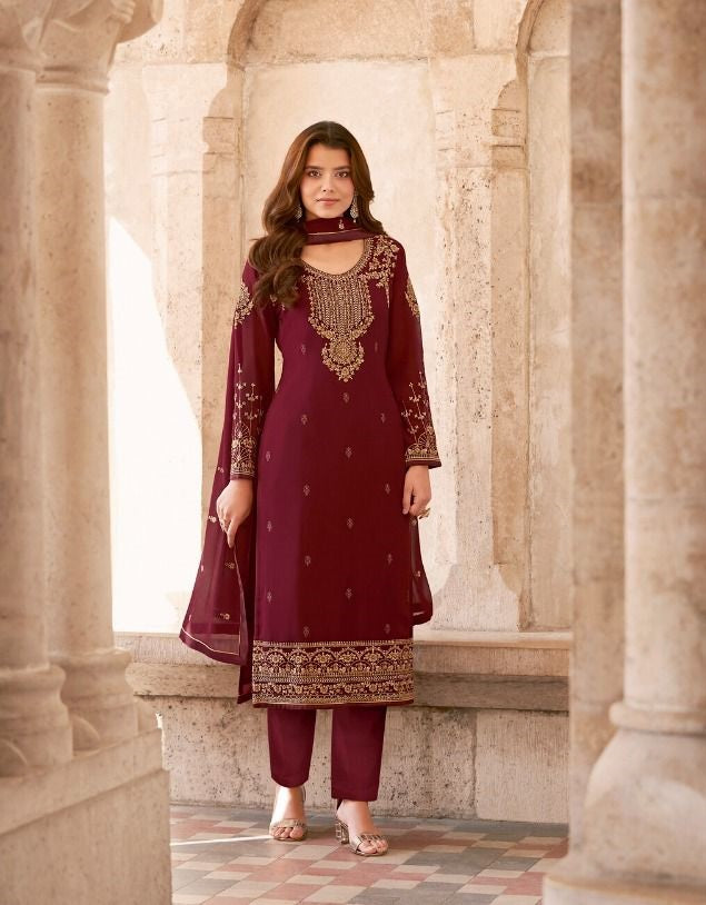 Maroon Color Georgette With Embroidery Work Salwar Suit