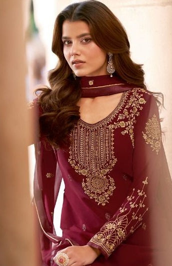Maroon Color Georgette With Embroidery Work Salwar Suit - Joshindia