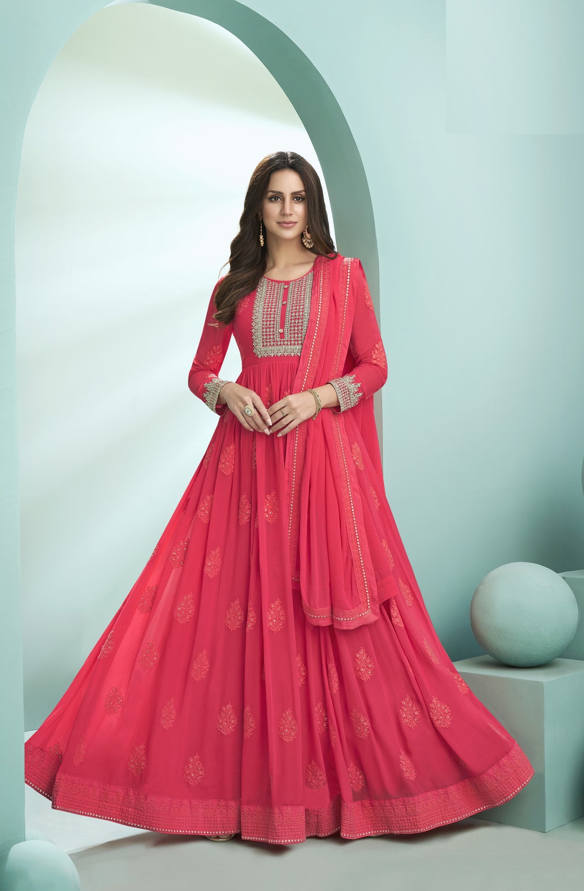 Pink Color faux Georgette With Embroidery Long Anarkali Suit - Joshindia