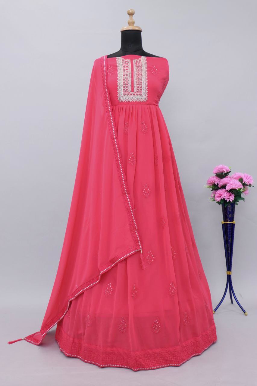 Pink Color faux Georgette With Embroidery Long Anarkali Suit - Joshindia