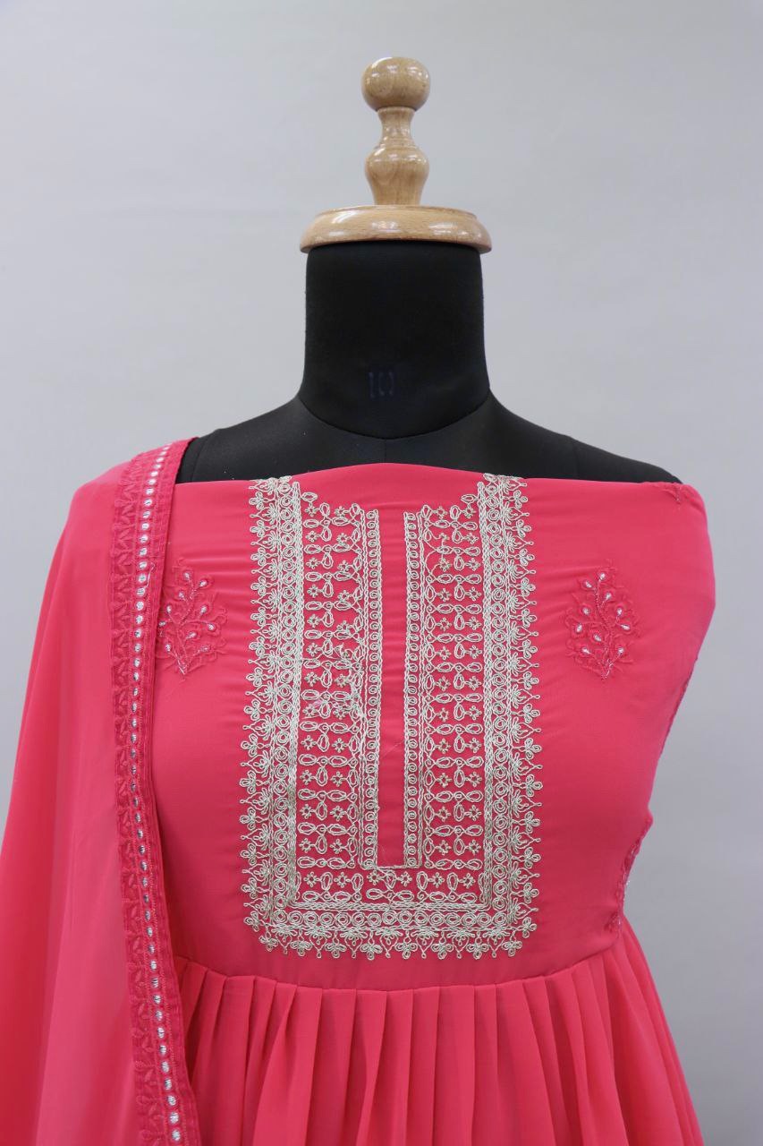 Pink Color faux Georgette With Embroidery Long Anarkali Suit