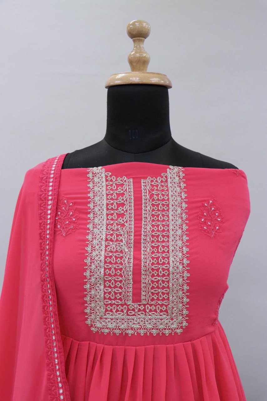 Pink Color faux Georgette With Embroidery Long Anarkali Suit - Joshindia