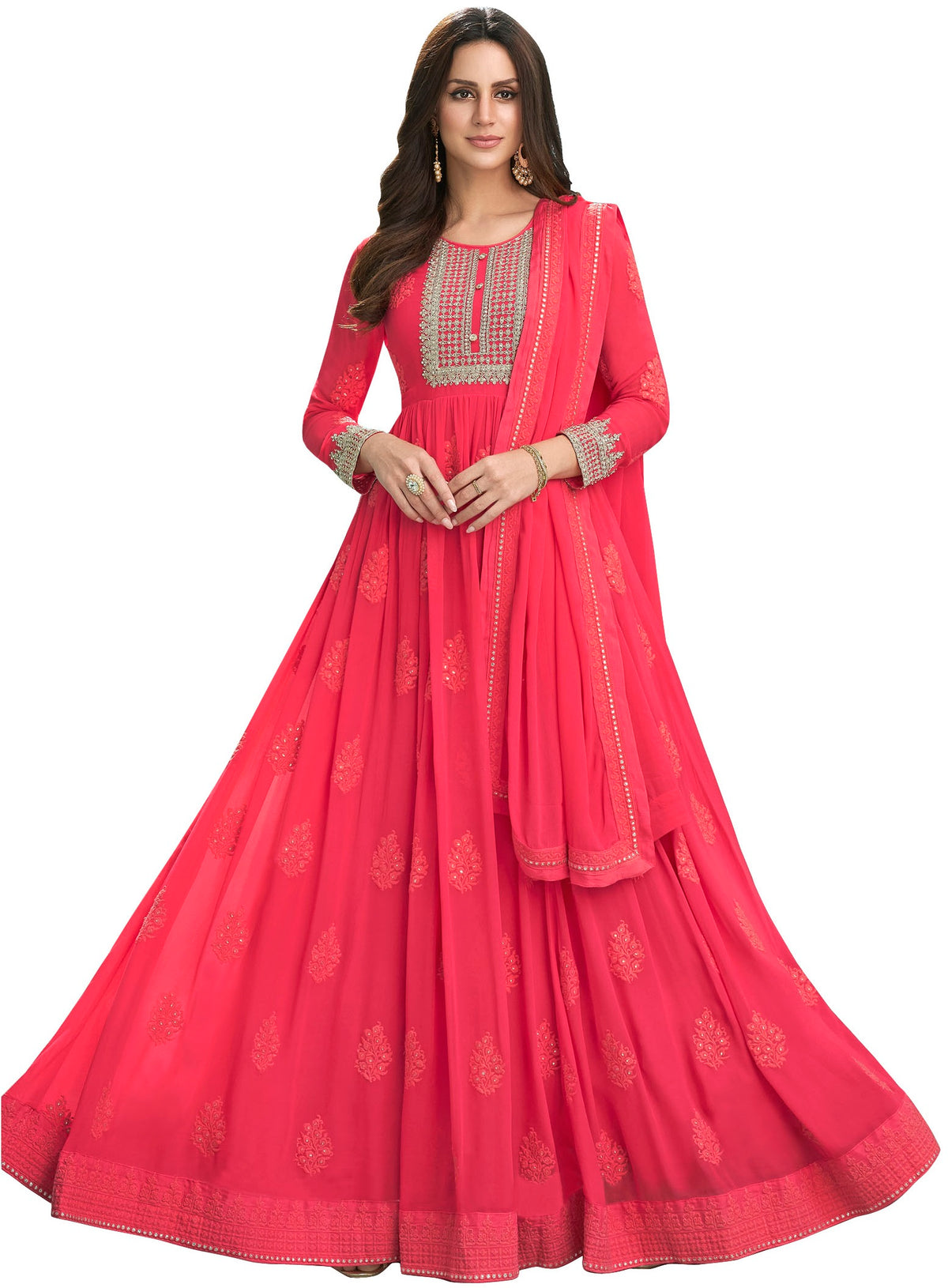 Pink Color faux Georgette With Embroidery Long Anarkali Suit - Joshindia
