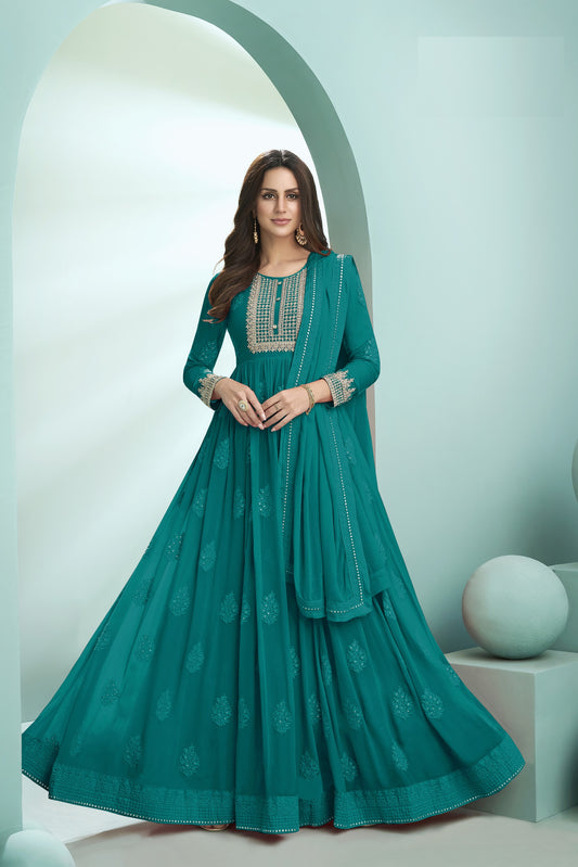 Sea Blue Color faux Georgette With Embroidery Long Anarkali Suit