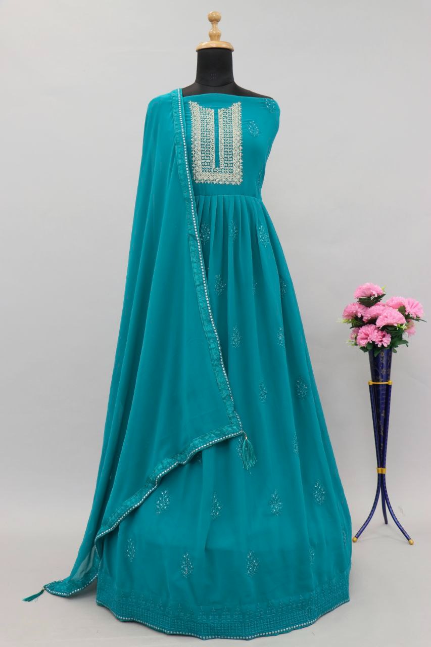 Sea Blue Color faux Georgette With Embroidery Long Anarkali Suit - Joshindia