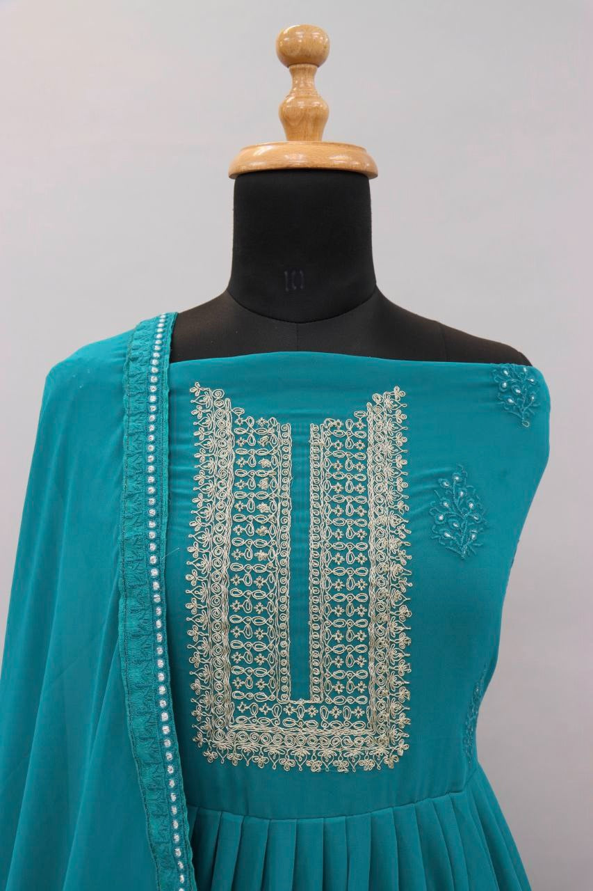 Sea Blue Color faux Georgette With Embroidery Long Anarkali Suit - Joshindia