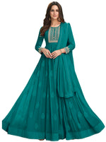 Sea Blue Color faux Georgette With Embroidery Long Anarkali Suit - Joshindia