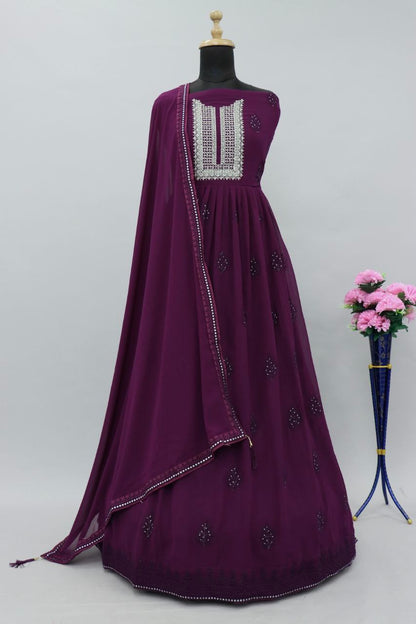 Purple Color faux Georgette With Embroidery Long Anarkali Suit