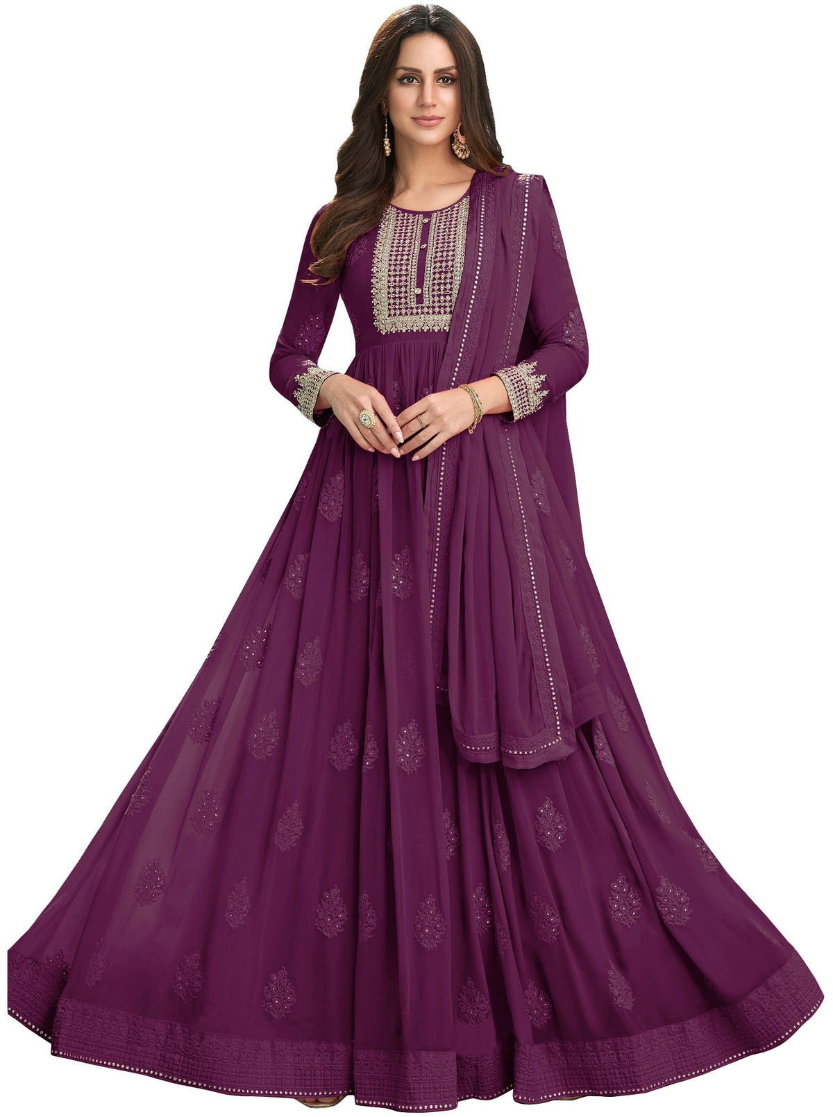 Purple Color faux Georgette With Embroidery Long Anarkali Suit - Joshindia