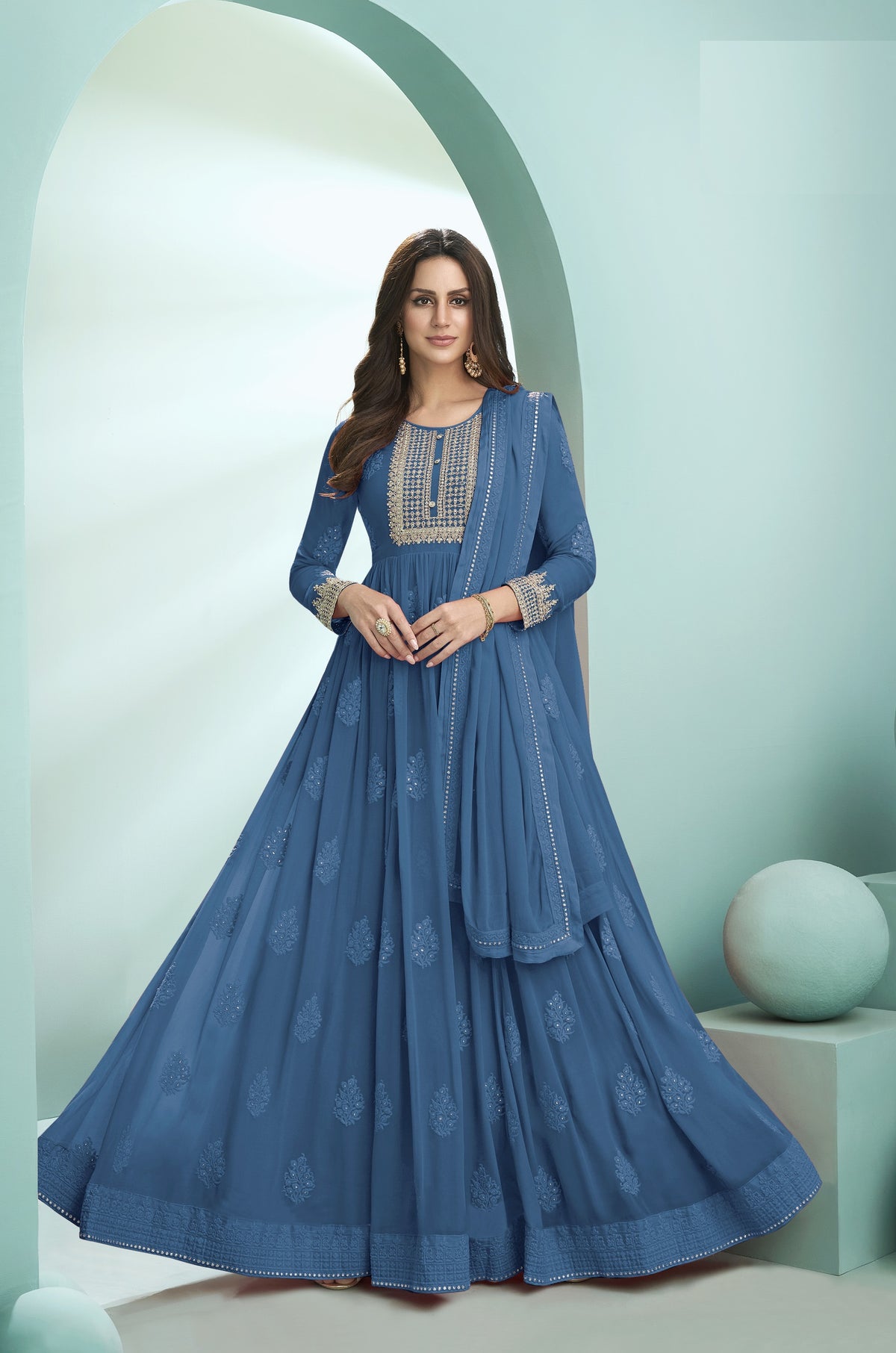 Blue Color faux Georgette With Embroidery Long Anarkali Suit - Joshindia
