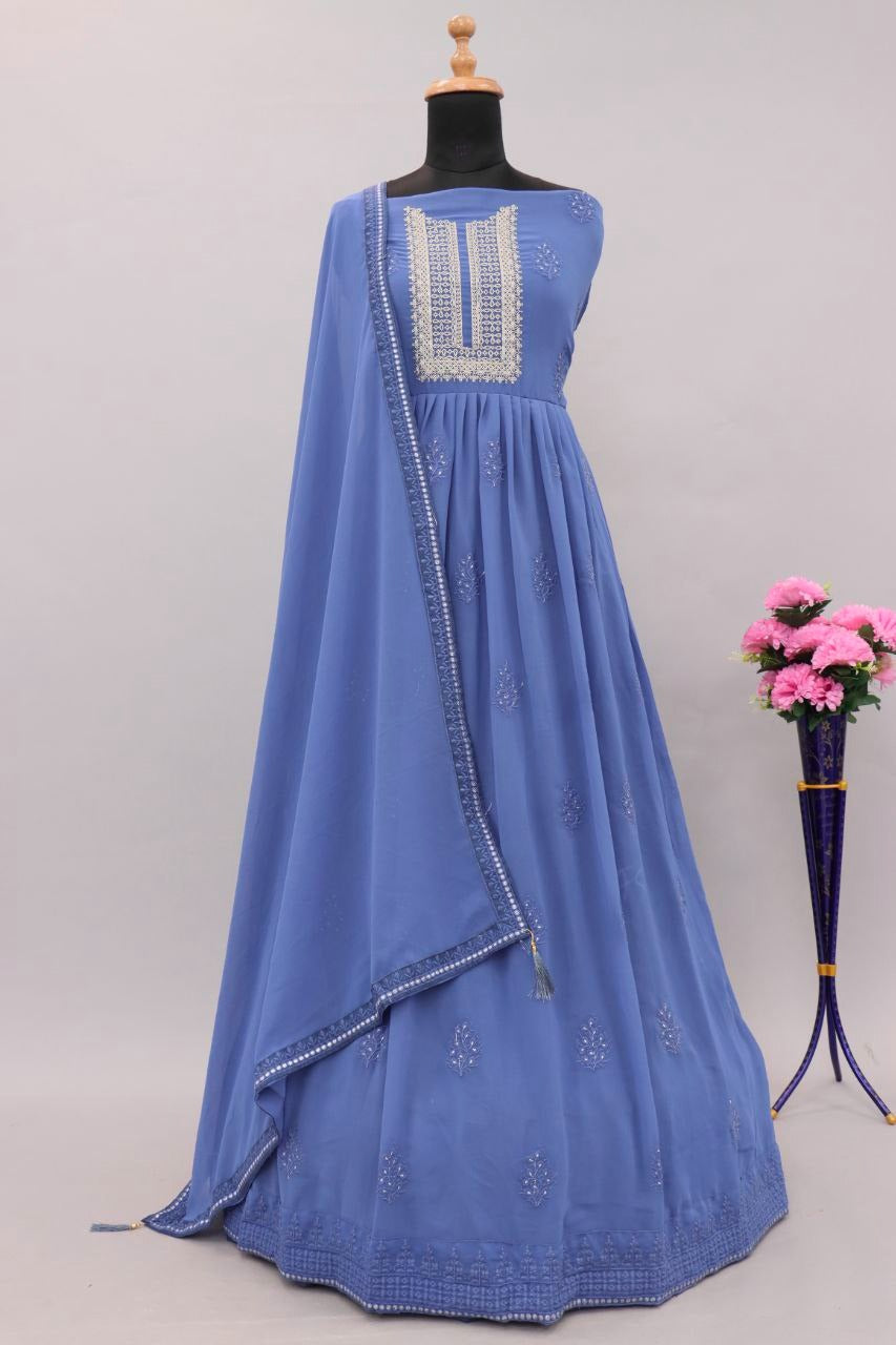 Blue Color faux Georgette With Embroidery Long Anarkali Suit - Joshindia