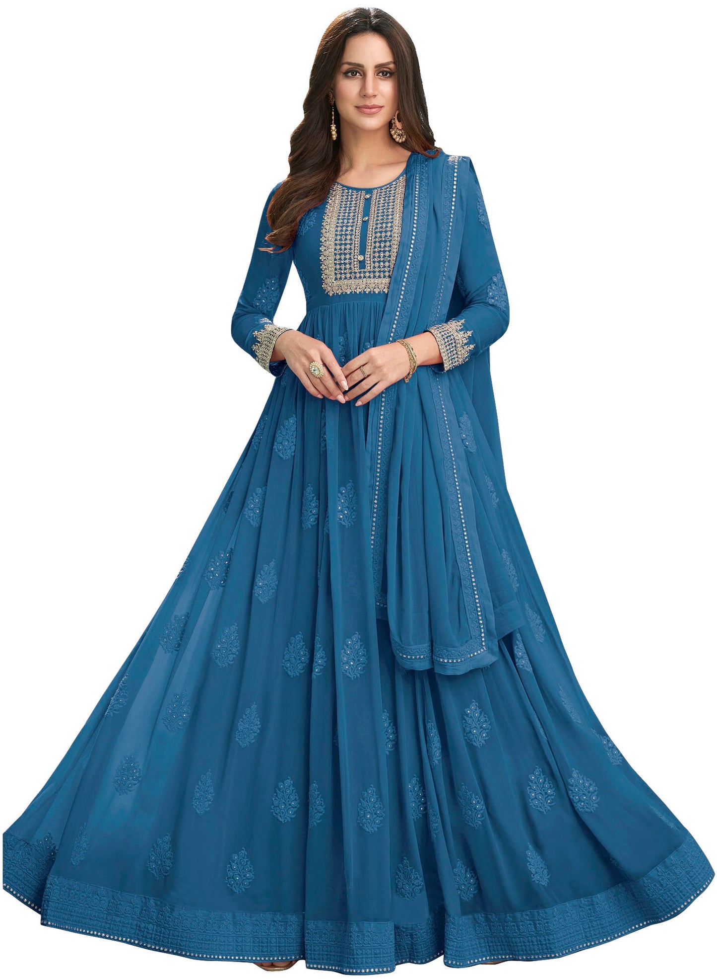 Blue Color faux Georgette With Embroidery Long Anarkali Suit