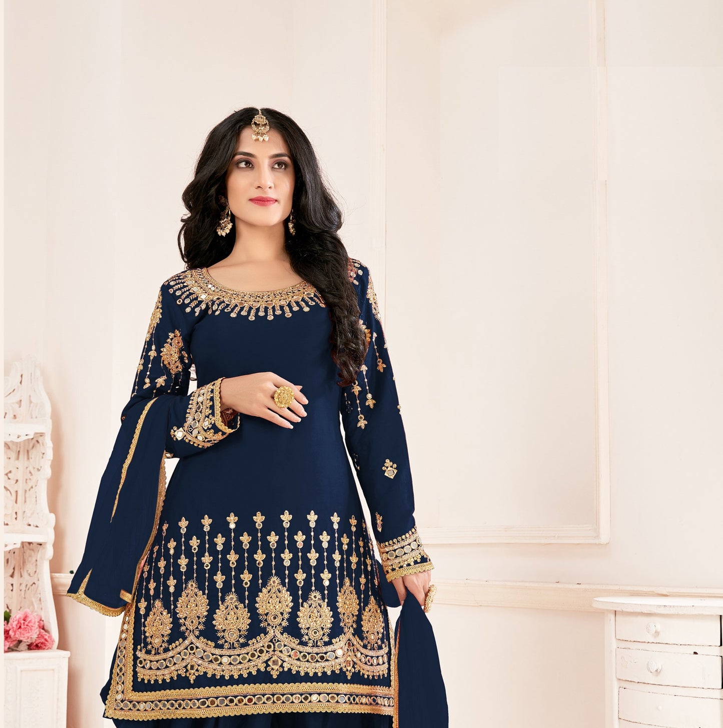 Blue Color faux Georgette With Mirror Work Patiyala Salwar Suit