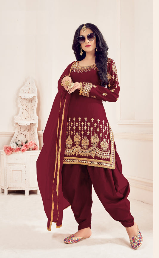 Maroon Color faux Georgette With Mirror Work Patiyala Salwar Suit