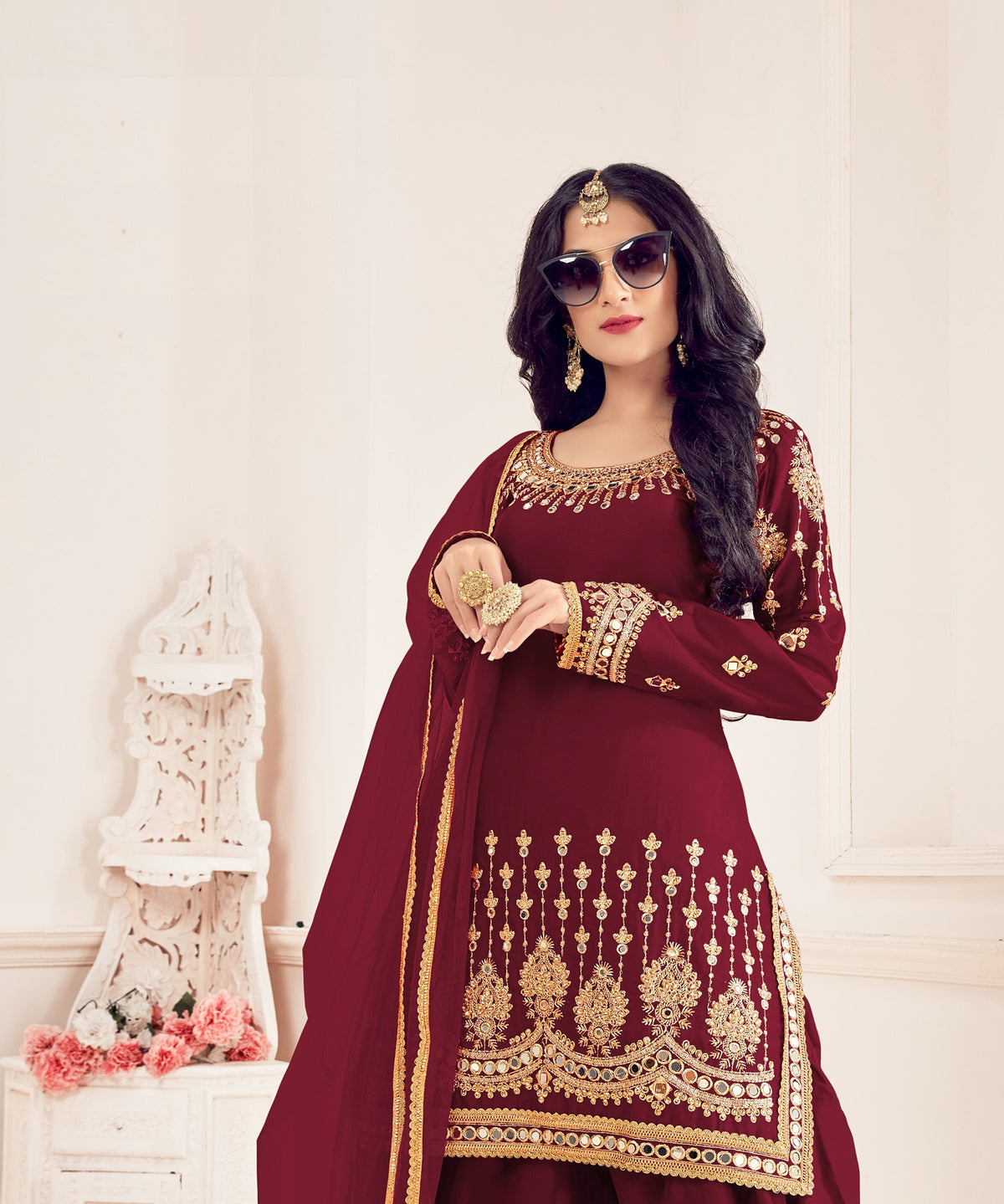 Maroon Color faux Georgette With Mirror Work Patiyala Salwar Suit - Joshindia