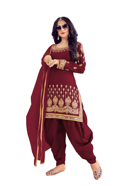 Maroon Color faux Georgette With Mirror Work Patiyala Salwar Suit - Joshindia