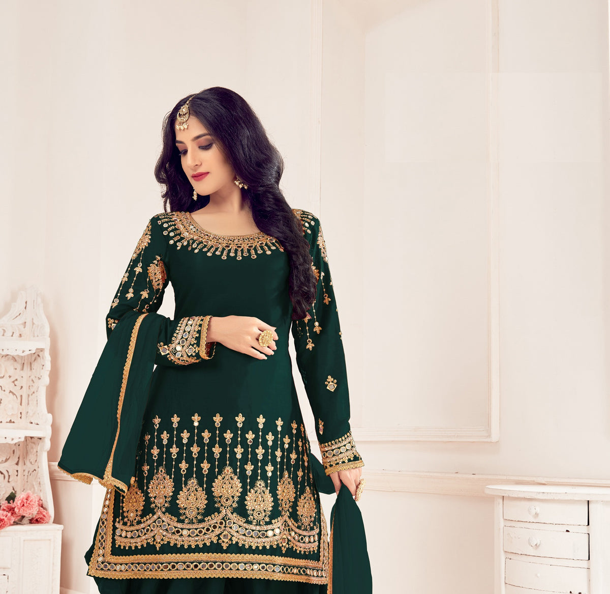 Green Color faux Georgette With Mirror Work Patiyala Salwar Suit - Joshindia