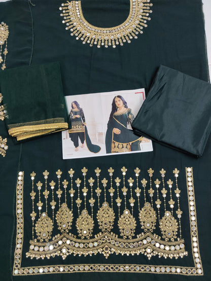 Green Color faux Georgette With Mirror Work Patiyala Salwar Suit