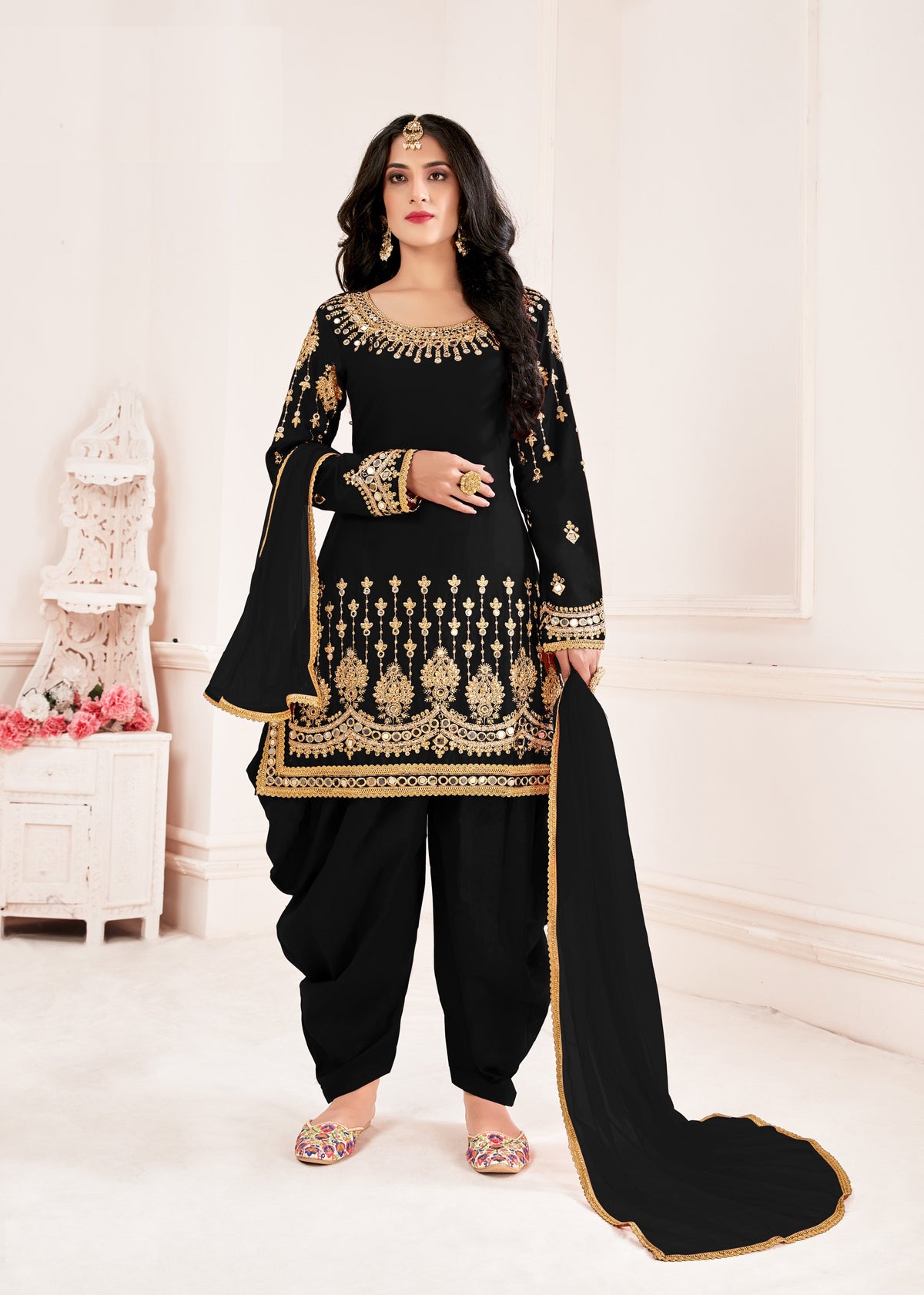 Black Color faux Georgette With Mirror Work Patiyala Salwar Suit - Joshindia