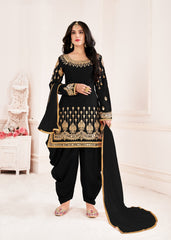 Black Color faux Georgette With Mirror Work Patiyala Salwar Suit - Joshindia