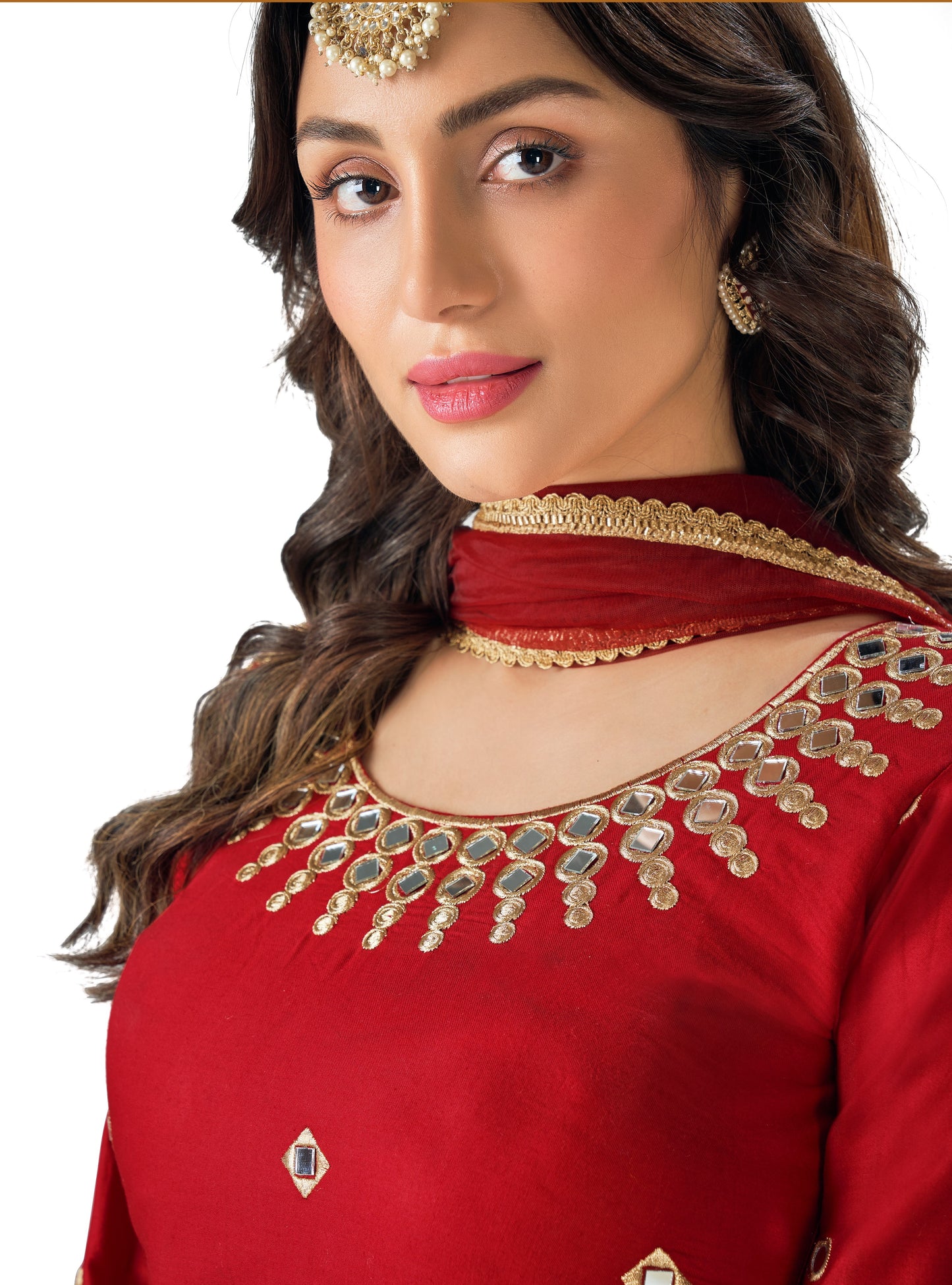 Red color faux Georgette Patiyala Salwar Suit