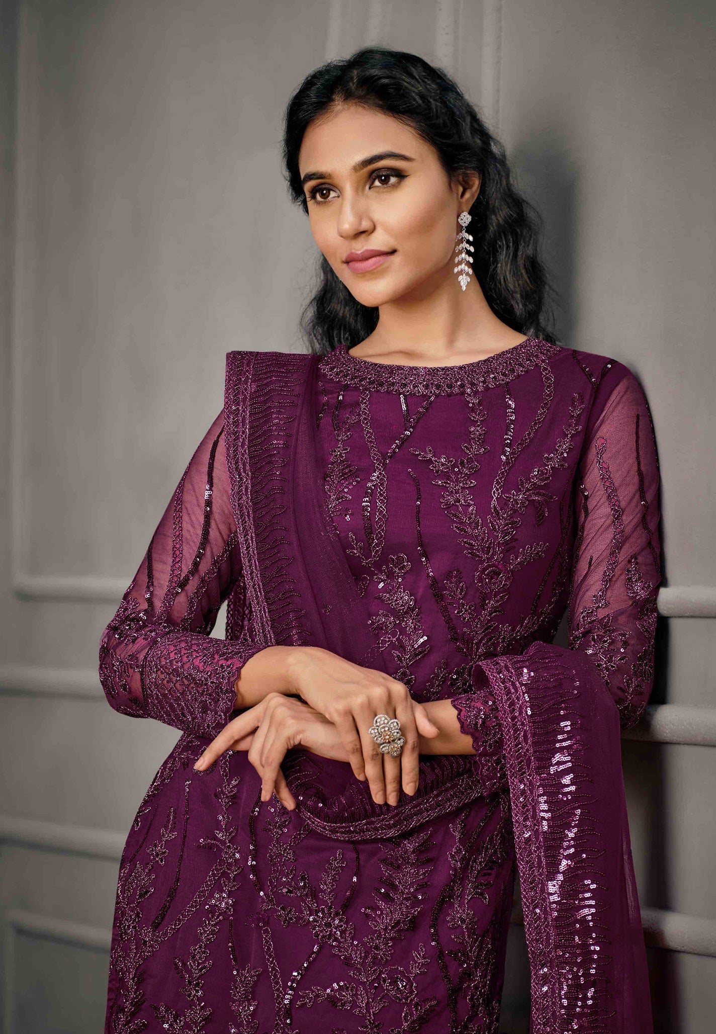 Purple Color Women Soft Net Embroidery Work Straight Salwar Suit For Woman