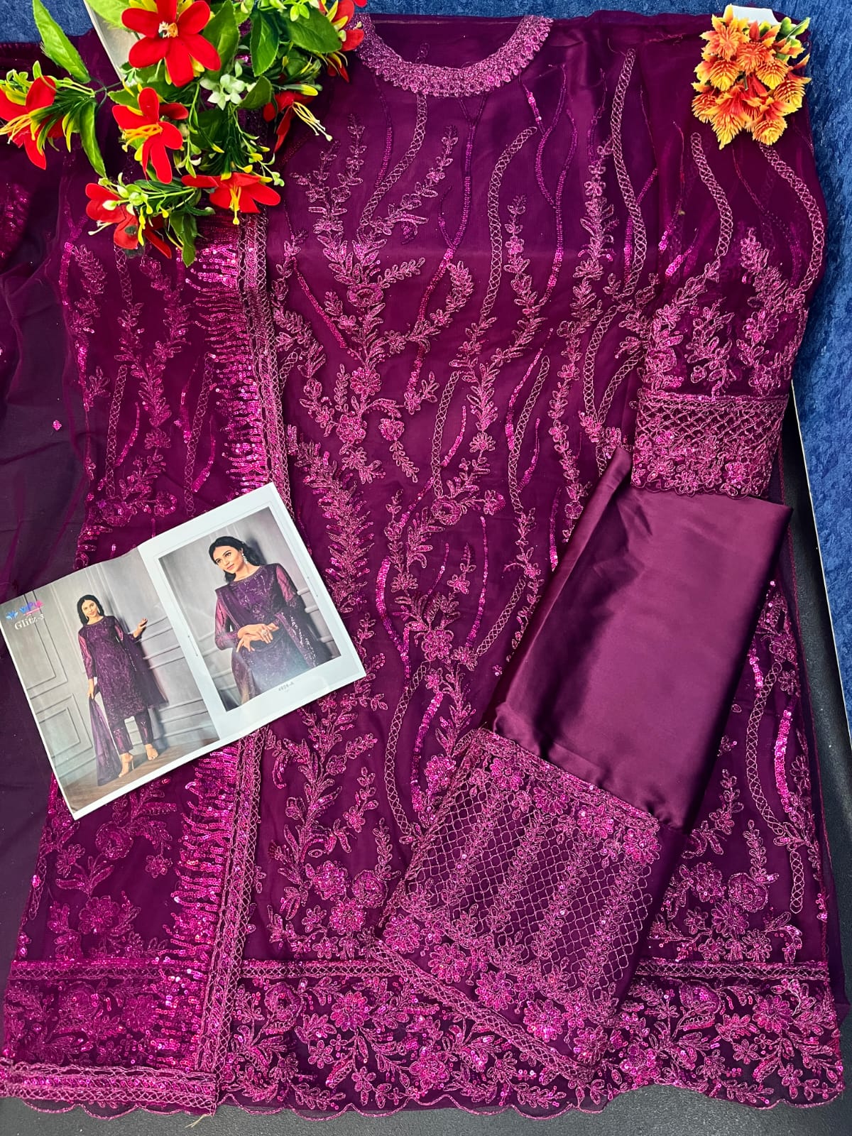 Purple Color Women Soft Net Embroidery Work Straight Salwar Suit For Woman - Joshindia