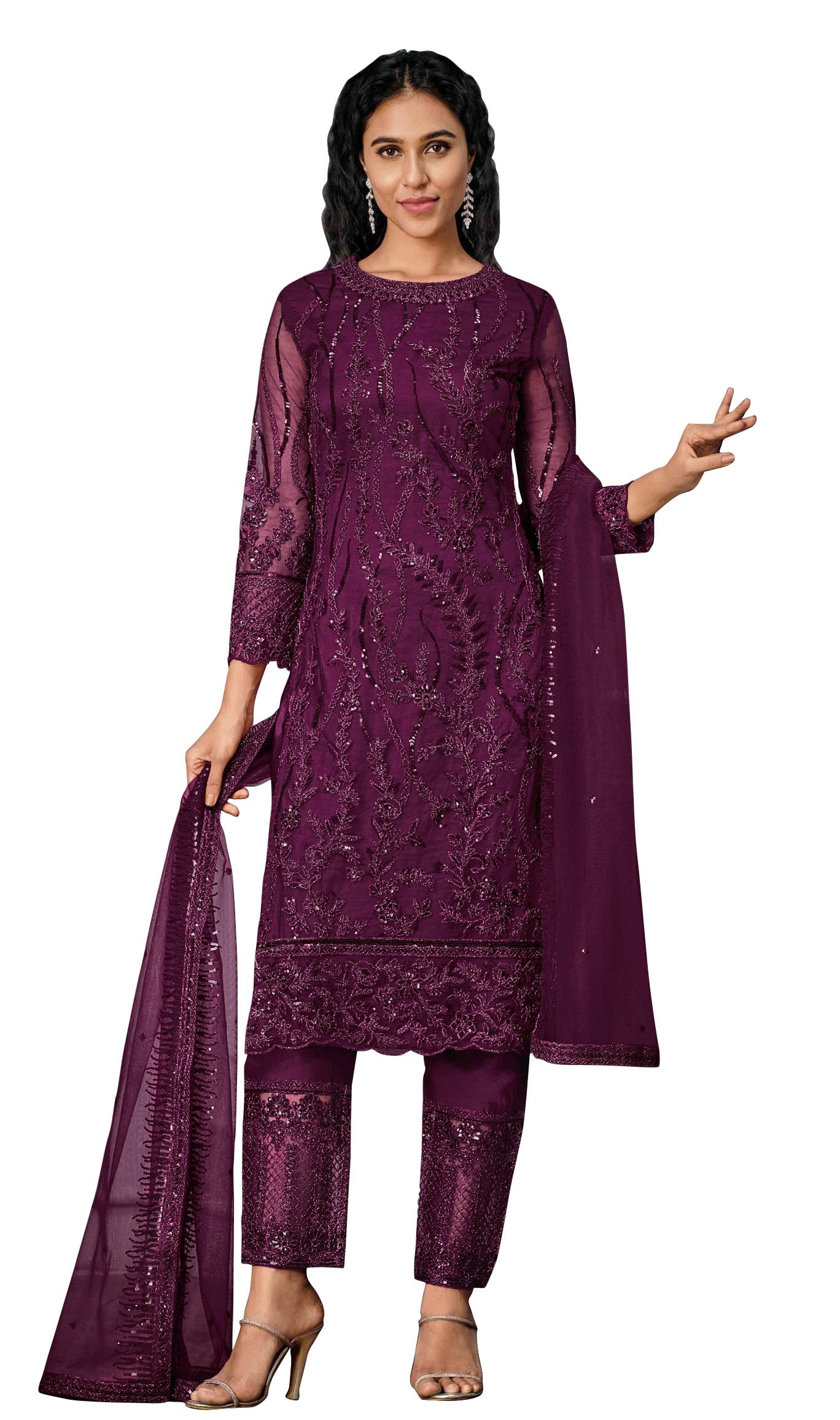 Purple Color Women Soft Net Embroidery Work Straight Salwar Suit For Woman