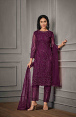 Purple Color Women Soft Net Embroidery Work Straight Salwar Suit For Woman - Joshindia