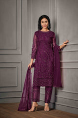 Purple Color Women Soft Net Embroidery Work Straight Salwar Suit For Woman - Joshindia