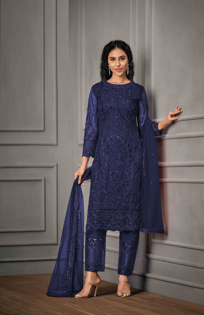 Blue Color Women Soft Net Embroidery Work Straight Salwar Suit For Woman