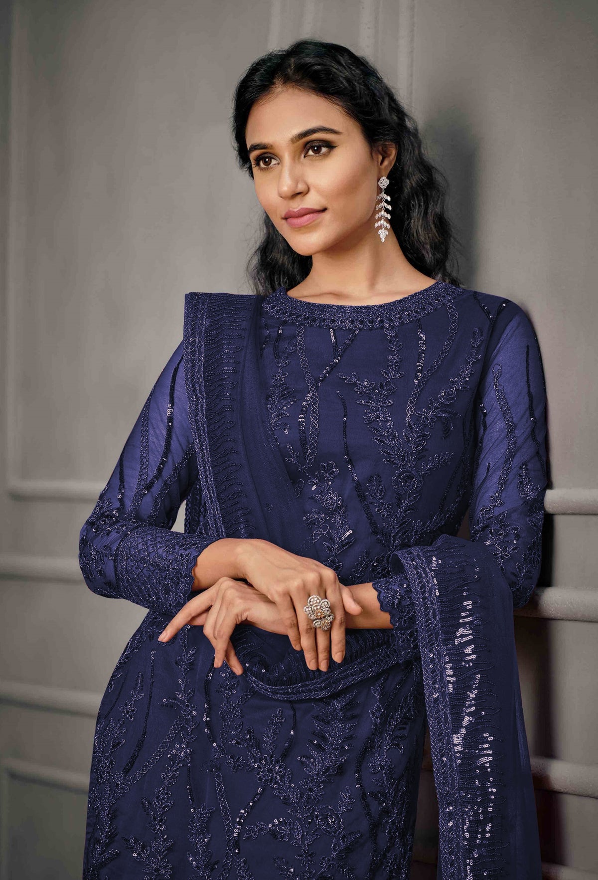Blue Color Women Soft Net Embroidery Work Straight Salwar Suit For Woman - Joshindia