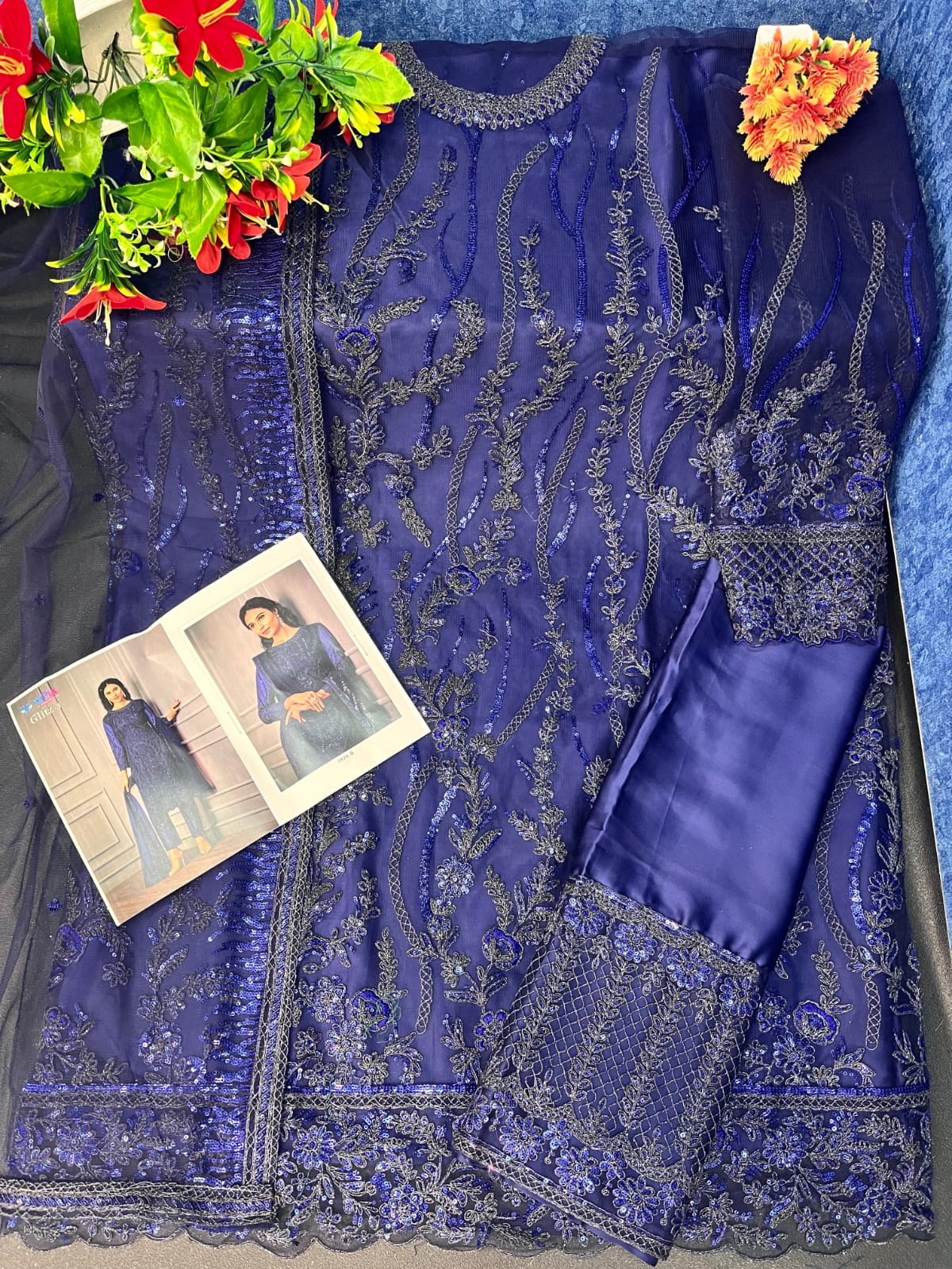 Blue Color Women Soft Net Embroidery Work Straight Salwar Suit For Woman - Joshindia