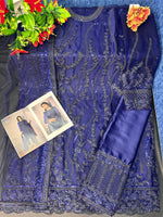 Blue Color Women Soft Net Embroidery Work Straight Salwar Suit For Woman - Joshindia