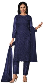 Blue Color Women Soft Net Embroidery Work Straight Salwar Suit For Woman - Joshindia