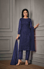 Blue Color Women Soft Net Embroidery Work Straight Salwar Suit For Woman - Joshindia