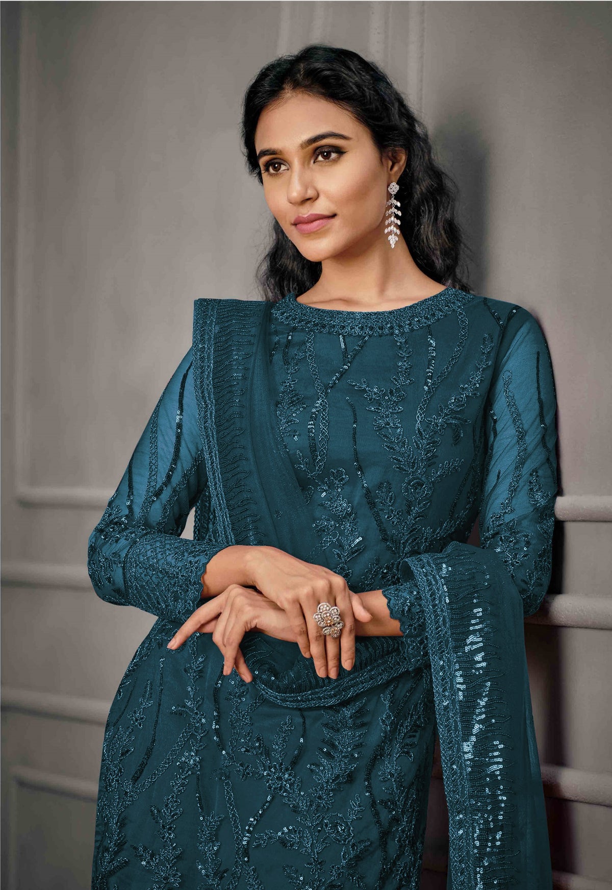 Sea Blue Color Women Soft Net Embroidery Work Straight Salwar Suit For Woman - Joshindia