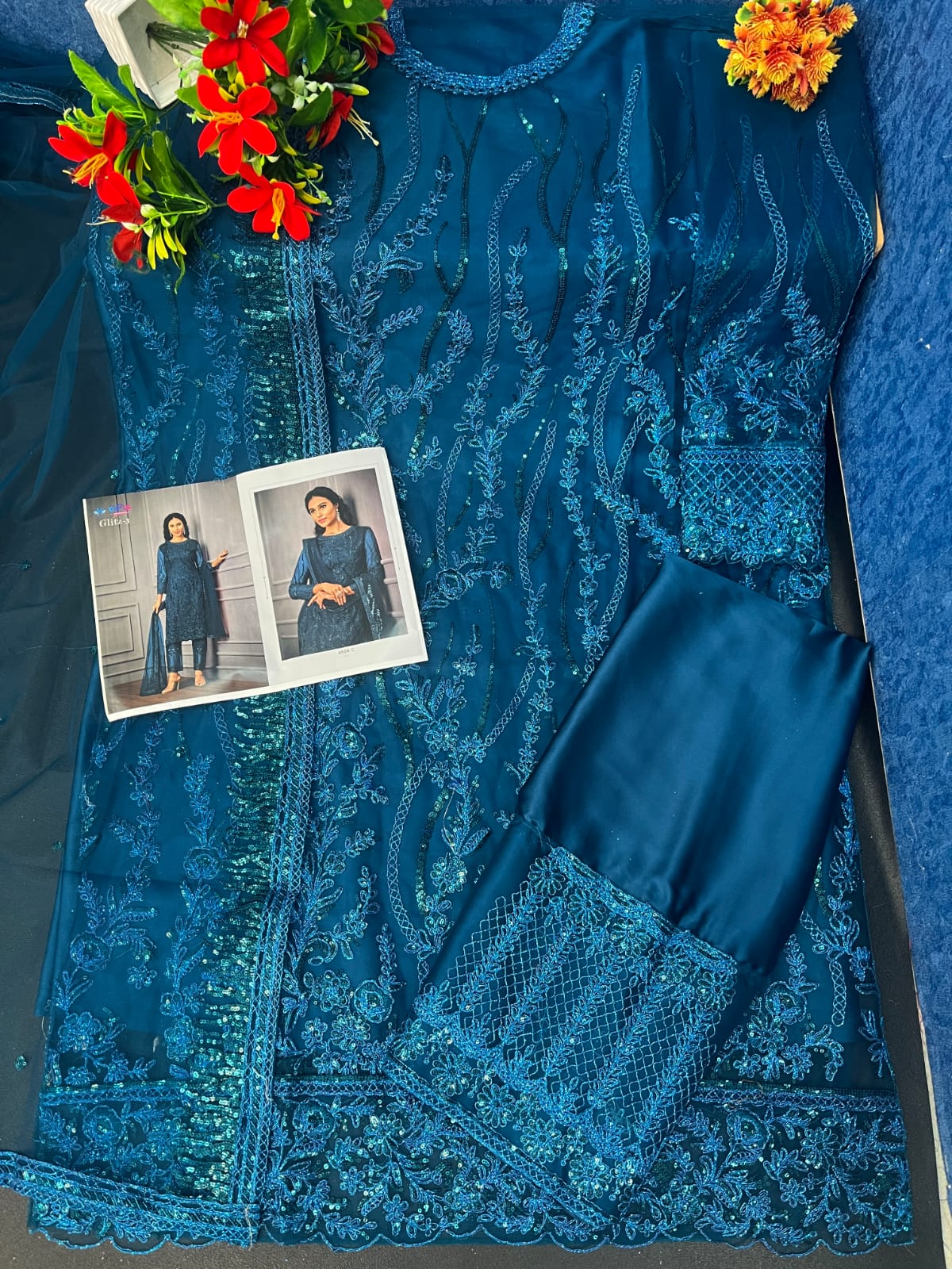 Sea Blue Color Women Soft Net Embroidery Work Straight Salwar Suit For Woman - Joshindia