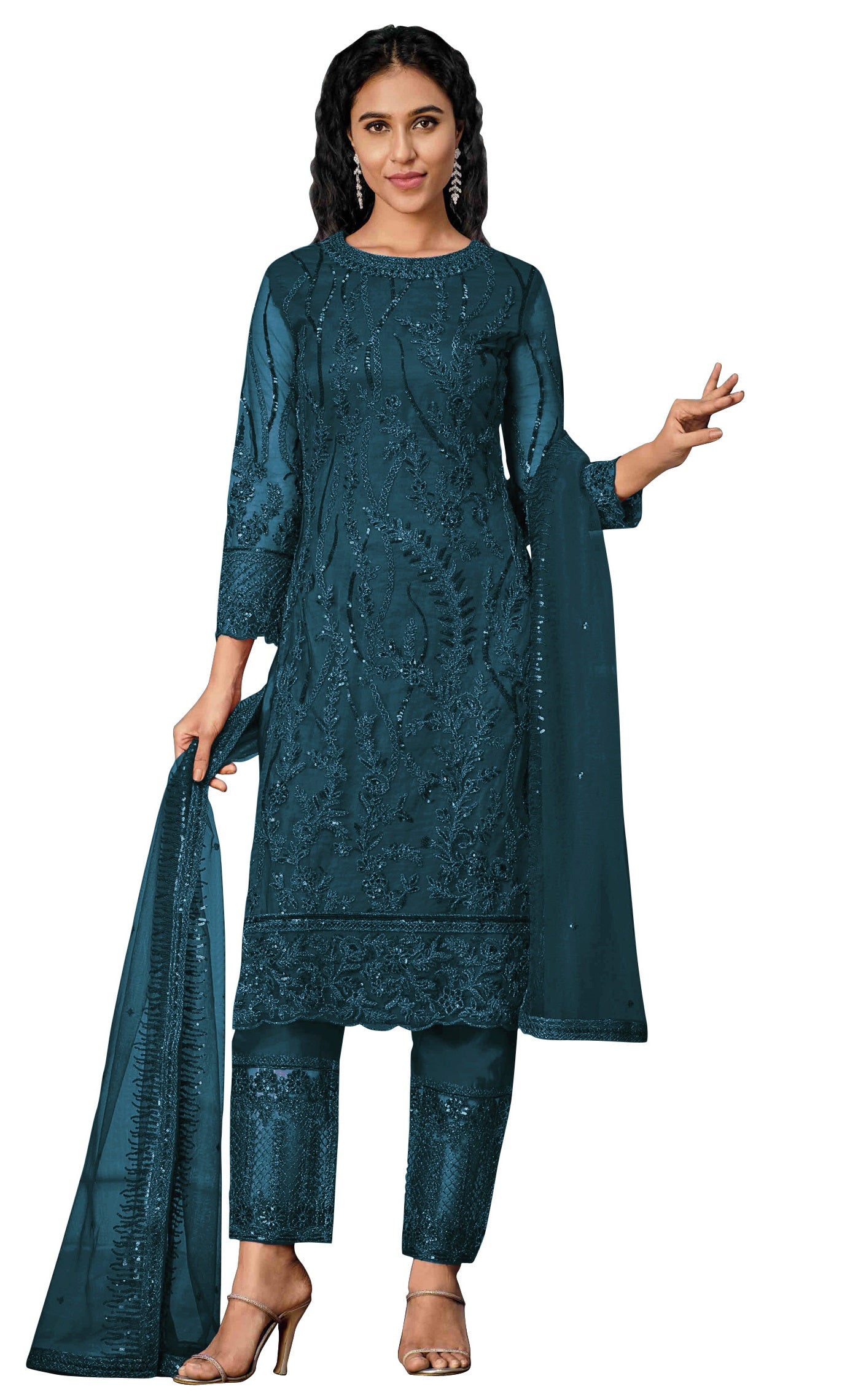 Sea Blue Color Women Soft Net Embroidery Work Straight Salwar Suit For Woman