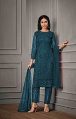 Sea Blue Color Women Soft Net Embroidery Work Straight Salwar Suit For Woman - Joshindia