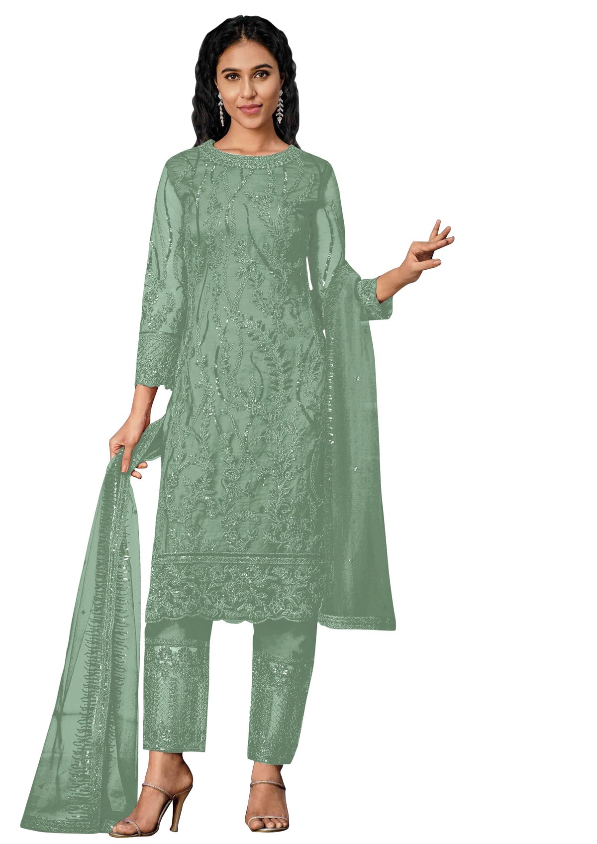 Sky Blue Color Women Soft Net Embroidery Work Straight Salwar Suit For Woman - Joshindia