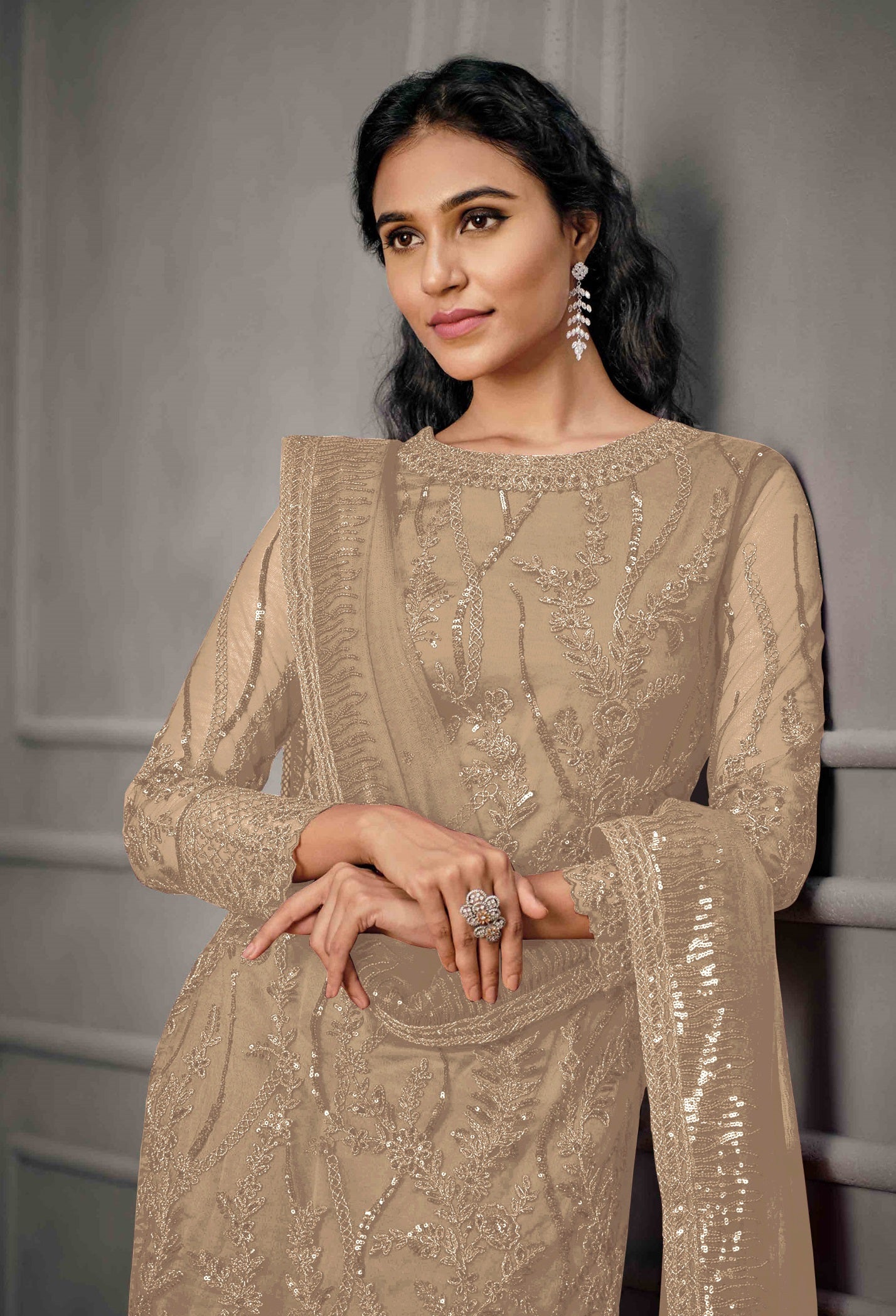 Beige Color Women Soft Net Embroidery Work Straight Salwar Suit For Woman