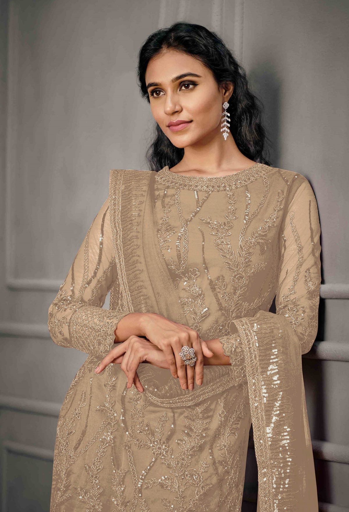 Beige Color Women Soft Net Embroidery Work Straight Salwar Suit For Woman - Joshindia