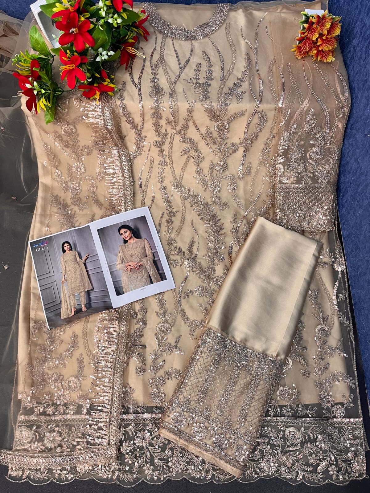 Beige Color Women Soft Net Embroidery Work Straight Salwar Suit For Woman - Joshindia