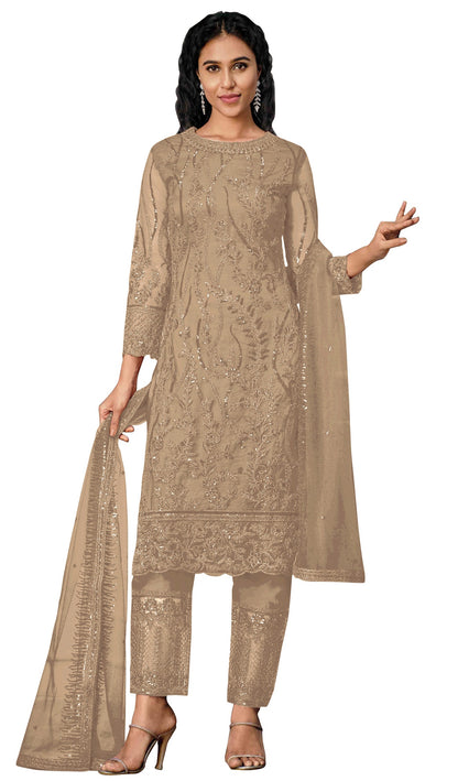 Beige Color Women Soft Net Embroidery Work Straight Salwar Suit For Woman