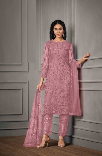 Pink Color Women Soft Net Embroidery Work Straight Salwar Suit For Woman