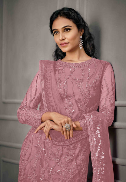 Pink Color Women Soft Net Embroidery Work Straight Salwar Suit For Woman
